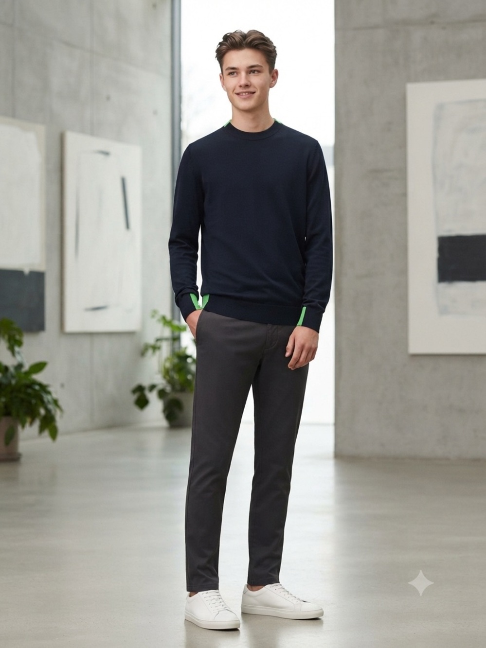 COS 100% Wool Black Crewneck Sweater Neon Green Contrast Accent - Size L